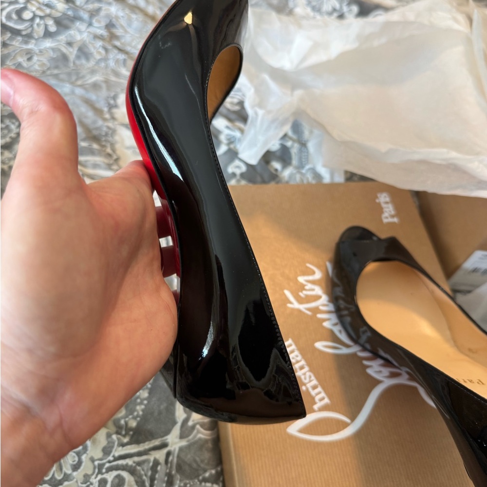 Christian Louboutin Glossy Black Peep Toe Heels Yootish 85 - Picture 4 of 16